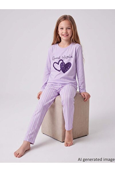 vitmo Kız Çocuk Uzun Kollu %100 Pamuklu Starry Heart Pijama Takımı