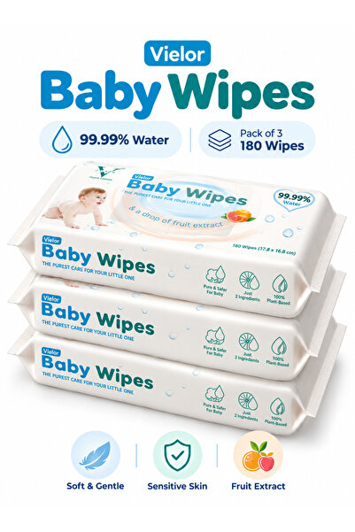 Vielor Baby Wipes | Pack of 3 180 Wipes | 99.99% Water | Fruit Extract | Soft Sensitive Skin Wet Wipes for Newborns Infants Kids