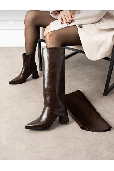 VESEO Women's Leggings Detailed Pointed Toe 7 cm Heel Zippered Boots