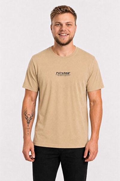 Cazador Tricou cu imprimeu minimalist, croială slim, cu guler tip crewneck