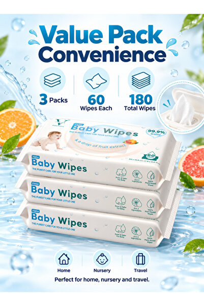 Vielor Baby Wipes | Pack of 3 180 Wipes | 99.99% Water | Fruit Extract | Soft Sensitive Skin Wet Wipes for Newborns Infants Kids