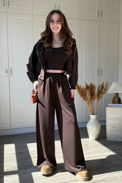Dilay Gökoğlu Butik 3'lü Modal Kumaş Kapüşonlu Hırka Bluz Pantolon Takım