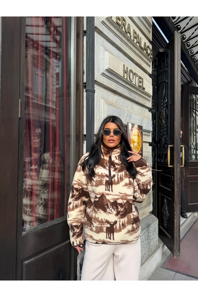LE CARAMBOLE Women's Mink Diamond Patterned Half-Zip Oversize Plush Sweatshirt