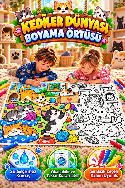 GIMOSA Kediler Dünyası Yıkanabilir Boyama Örtüsü Su Geçirmez Kumaş Tekrar Kul...