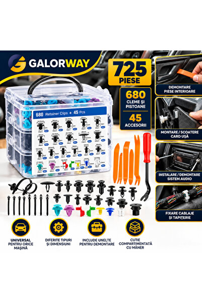 GALORWAY Set 725 Clipsuri, Universal Cleme și Pistoane Auto, cu Accesorii și ...