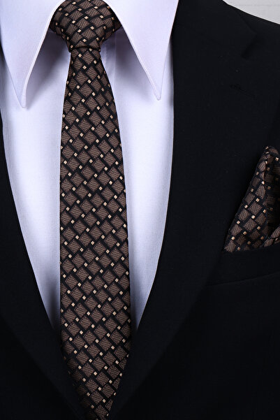 Esgue Hand Made 6 cm Geometric Pattern Coffee-Black Color Handkerchief Tie