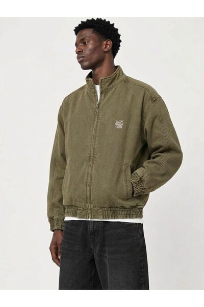 LTC Jeans Men's Regular Zippered Olive Green Denim Jacket with Elastic Waist