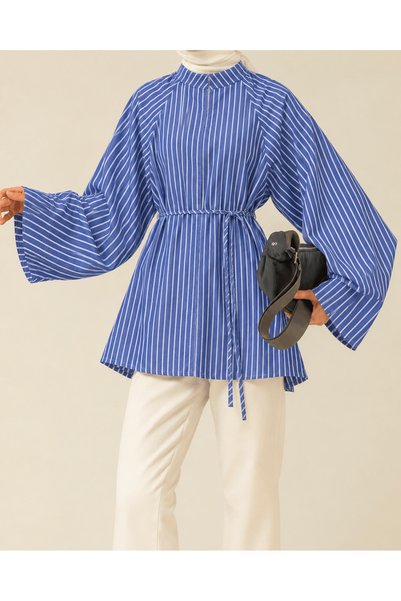 Hepsi Moda Spanish Sleeve Striped Oversize Tunic - Dark Blue