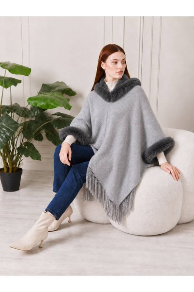 Generic Brand Women's Knitwear Poncho with Fur Detail and Tassels, Shawl Collar Hooded Poncho
