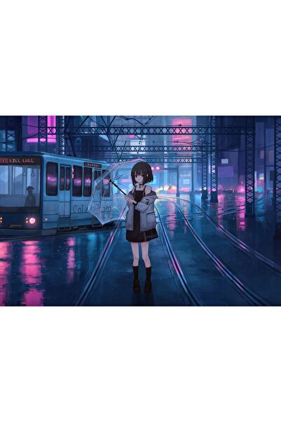 OEM Poster Fată Anime cu Umbrelă Sub Lumini Neon, Tramvai care Trece Prin, 61...