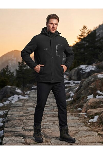 MY DEDE Siyah Softshell Su Geçirmez Kapüşonlu Erkek Mont