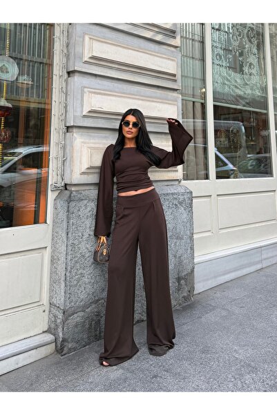 MODAMERSİ Women's Brown Spanish Sleeve Blouse Pants Bottom Top Set