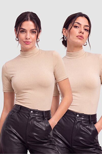 Arma Yıldız Women's Cotton Turtleneck Short Sleeve Bodysuit 2-Pack
