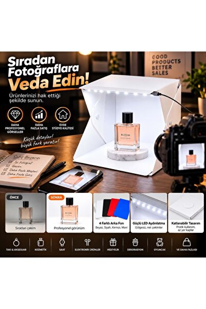 Triline 20x20 cm LED Işıklı Mini Ürün Fotoğraf Çekim Çadırı 4 Renk Fonlu Taşınabilir Stüdyo