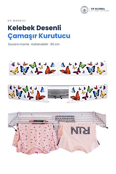 Kelebek Desenli Duvara Monte Katlanır Çamaşır Kurutma Askısı 80 cm Askılık