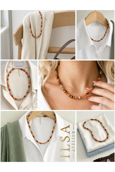 ILSA Carnelian Natural Stone Necklace - Tiger's Eye and Dalmatian Jasper Beaded |   Terracotta