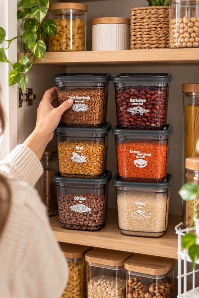 Porsima 4520 Smoked Cellar Box Set of 6 Rectangular Labeled Food Storage Containers 1.3 Liters – Legumes, Spices, and Kitchen Organizer