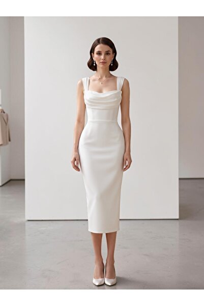ENDAMIM SATEN DRAPELİ KALEM MİDİ ABİYE NİŞAN NİKAH ELBİSESİ