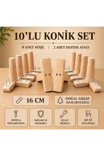 LEGORA WOOD DESIGN 16 Cm Ham Konik Ahşap Mobilya Ayakları 10'lu Set Köşe ve D...