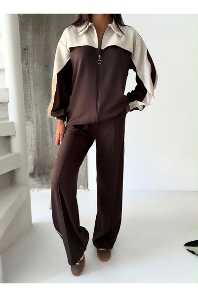Focus Light Women's Color-Blocked Zip-Up Sweatshirt and Wide-Leg Pants Two-Piece Set