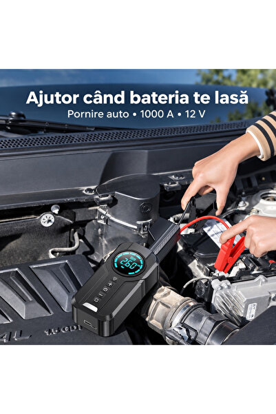 varioshop ®   Demaror auto portabil 5-în-1, 1000A, Compresor de aer digital, Power Bank QC 3.0, 12V