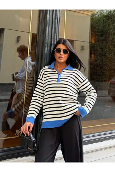 MODAMERSİ Women's Blue Zippered Striped Polo Collar Knit Sweater
