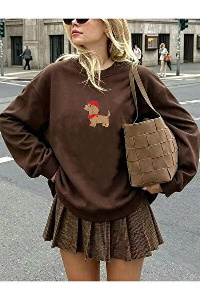 SUNFREE Dog Embroidery Oversize Cotton Crew Neck Unisex Sweatshirt