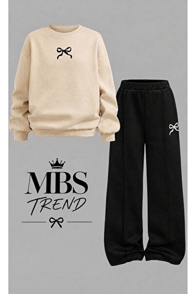 Kids Winter Girls' Stone Color Sweatshirt Black Sweatpants Bow Printed Two-Pi...