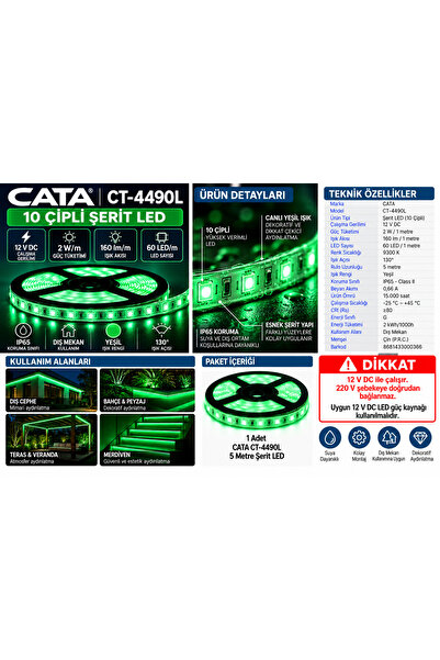 CT-4490L 10 Çipli Yeşil Şerit LED 5 Metre 12V 2W/m 160 Lümen IP65 Dış Mekan