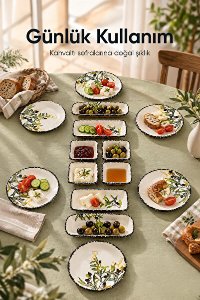Vienev 14 Parça 6 Kişilik Zeytin Model Seramik Kahvaltı Takımı 6 Pasta Tabağı 4 Kare Kase 2 Dikdörtgen Kase 2 Oval Zeytinlik