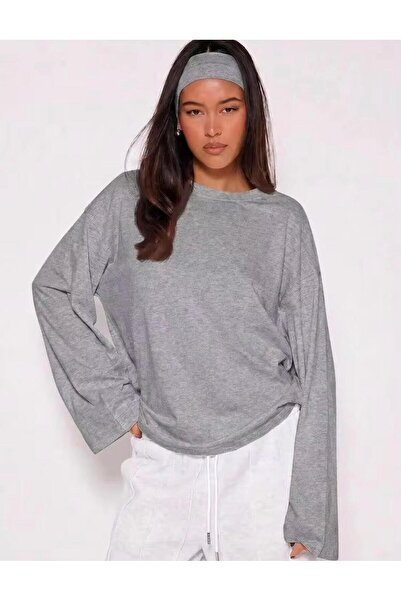 trendgar Gray Basic Women's Crew Neck Long Sleeve Blouse