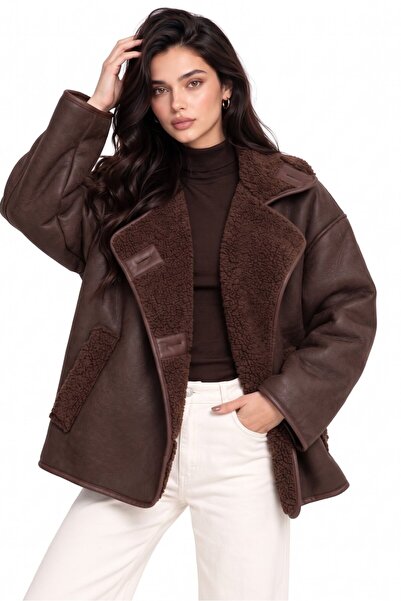 Saade Brown Inner Fur Suede Look Oversized Fur Coat Jacket