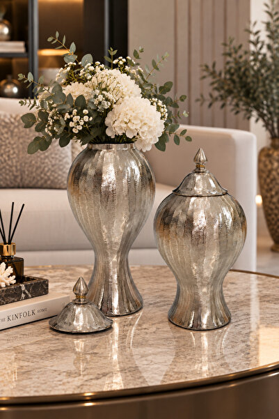 Hinora Home 2’li Eskitme Gümüş Alüminyum Kapaklı Dekoratif Küp Vazo Seti 50 c...