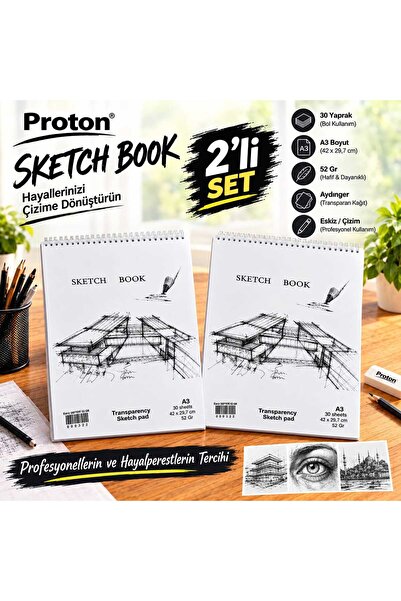 Proton Aydınger Sketchbook 2 Pieces A3 30 Sheets 52 Gr Transparent Drawing Pa...