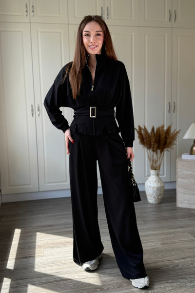 Dilay Gökoğlu Butik Kemerli Dik Yaka Modal Kumaş Drape Detaylı Şık Pantolon T...