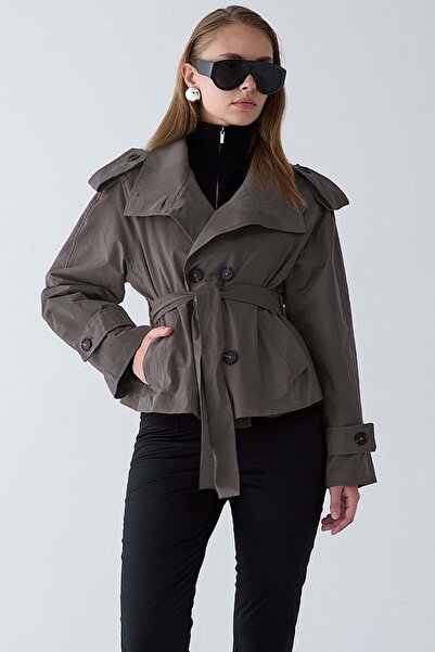 Olcay Oversized Short Trench Coat with Stand Collar and Epaulet Detail Anthra...