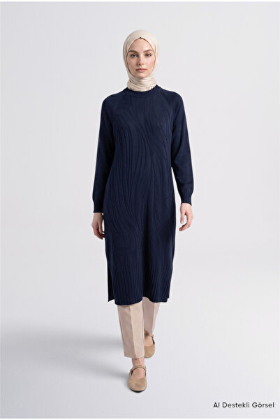 Armine Jacquard Patterned Knitwear Tunic Dress Navy Blue