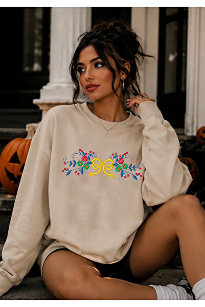 SUNFREE Flower Ribbon Embroidered Crew Neck Oversize Cotton Sweatshirt