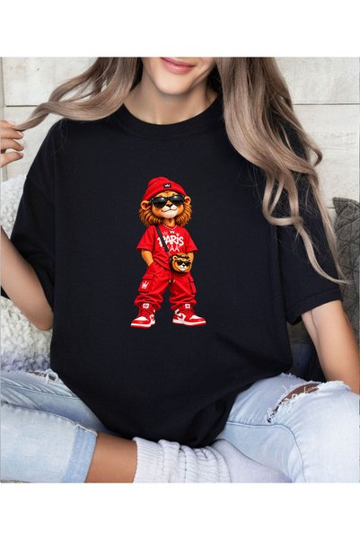 ASELİNDA Red Street Style Cool Lion Design Round Neck Short Sleeve T-Shirt
