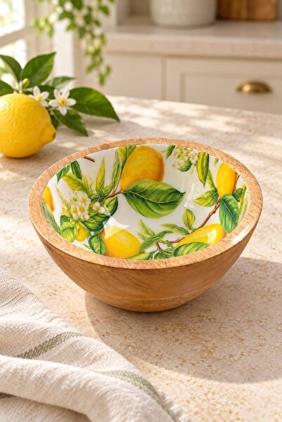 NEWNOW Mango Wood Enamel Bowl – Lemon Pattern Snack Bowl, Presentation and Se...