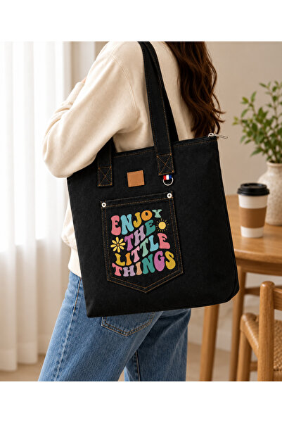 Kadın Siyah Kot Omuz Çantası Fermuarlı Cepli %100 Pamuk Denim Tote Çanta Enjoy Desen