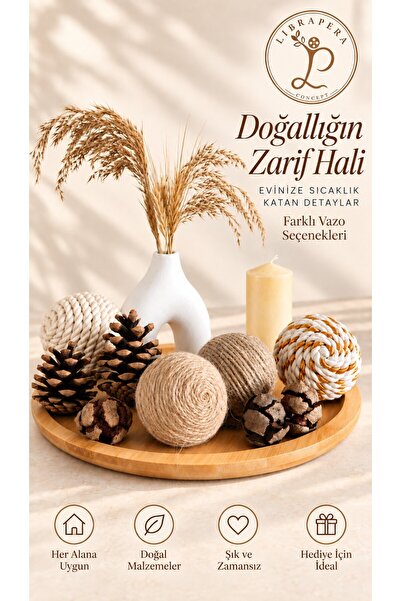 Librapera Concept Doğal Jüt Toplu Bambu Tepsi Dekor Seti – Vazo, Mum ve Kozal...