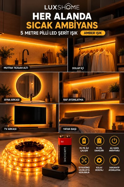 luxshome 2,5 Metre Pilli LED Şerit Işık Amber 9V Pil Dahil Aç Kapa Anahtarlı ...