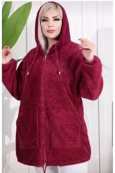 MARMARA FIRSAT Large Size Zippered Burgundy Long Fleece Cardigan