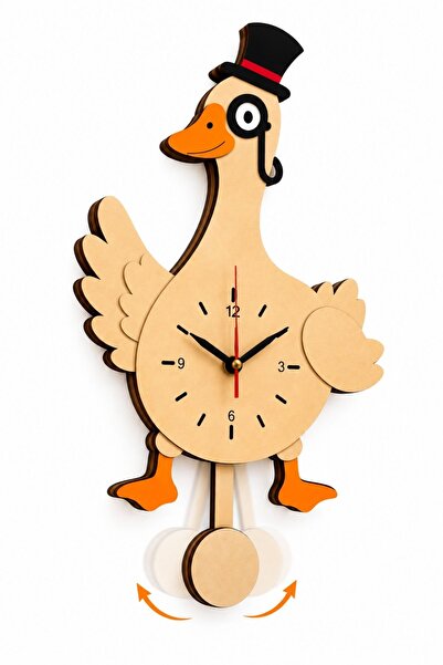 ALGWOOD Ahşap Ördek Figürlü Duvar Saati 28 × 50 cm Tik Tak Mekanizmalı Hareke...