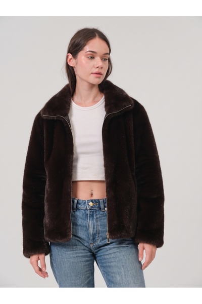 PIQUE Women's Brown Faux Fur Suede Zipper Jacket