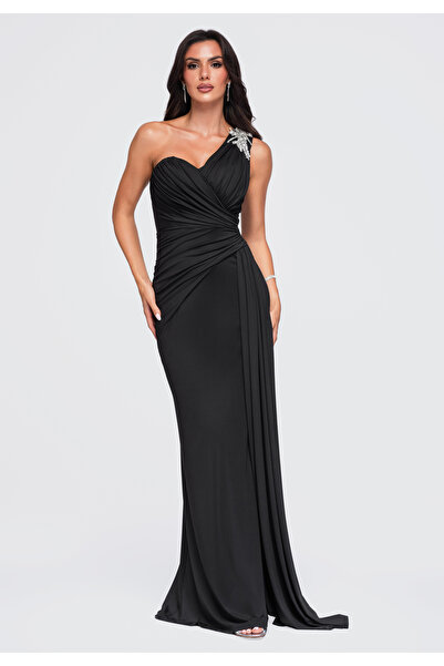 Larica Damen-Abendkleid, Maxi, Asymmetrisches Design Schwarz LA-OM-DLR465