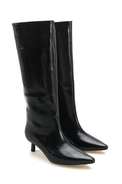 MODAADAM Women's Retro Short Heeled Boots - Black-Patent Leather
