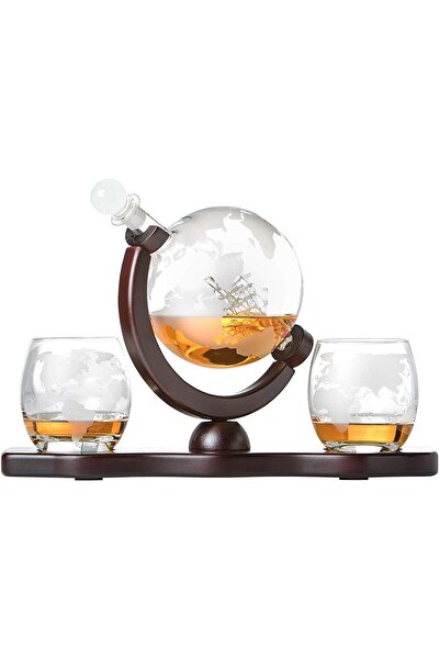 Giftry Set decorativ glob de whisky, 850 ml, 2 pahare gravate, suport din lem...