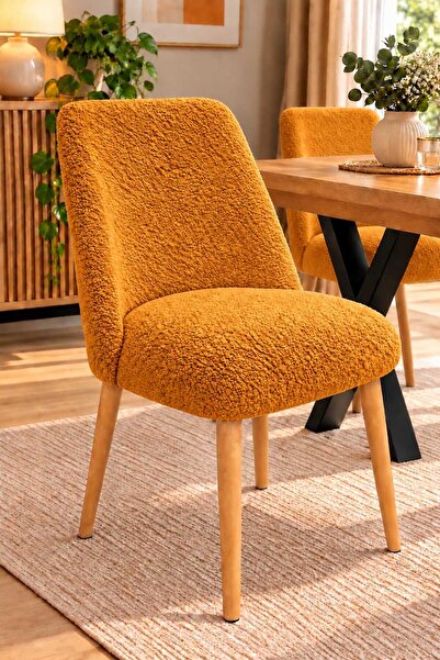 DEKOZUM LAVENA Teddy Kumaş Ahşap Ayaklı Dekoratif Sandalye – Mutfak, Salon, M...